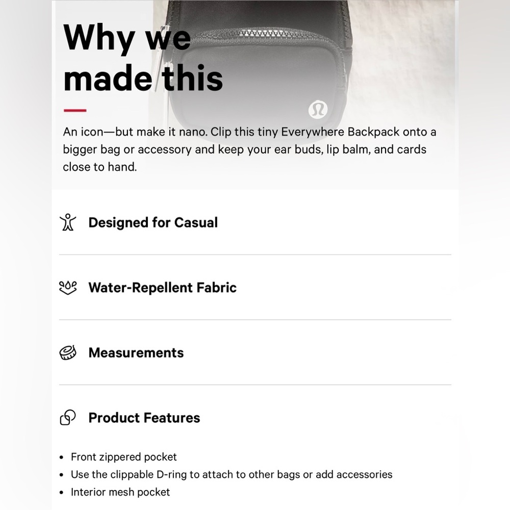lululemon Mini Everywhere Backpack Black Nano Clippable NWT - Picture 8 of 9